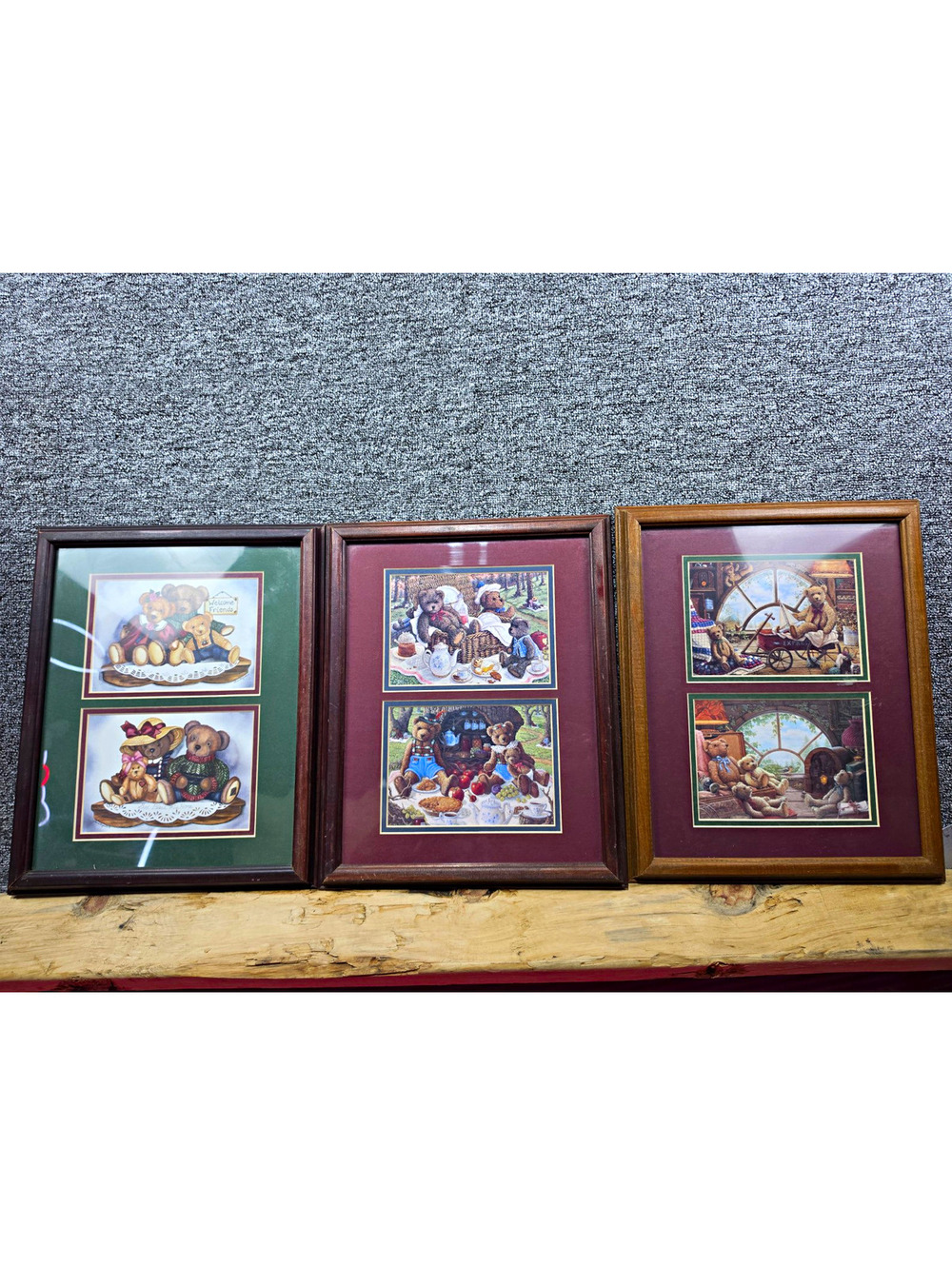 Vintage Teddy Bear Framed Wall Art Prints Set of 3 Wood Frames Nursery Cottage